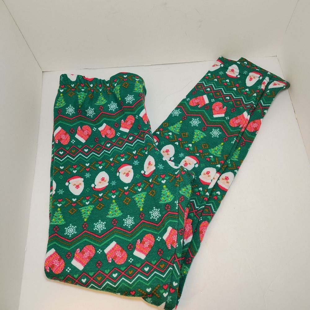 Green Santa Mittens Ugly Christmas Pajama Pants Girls L 11-13โ Lounge Comfort